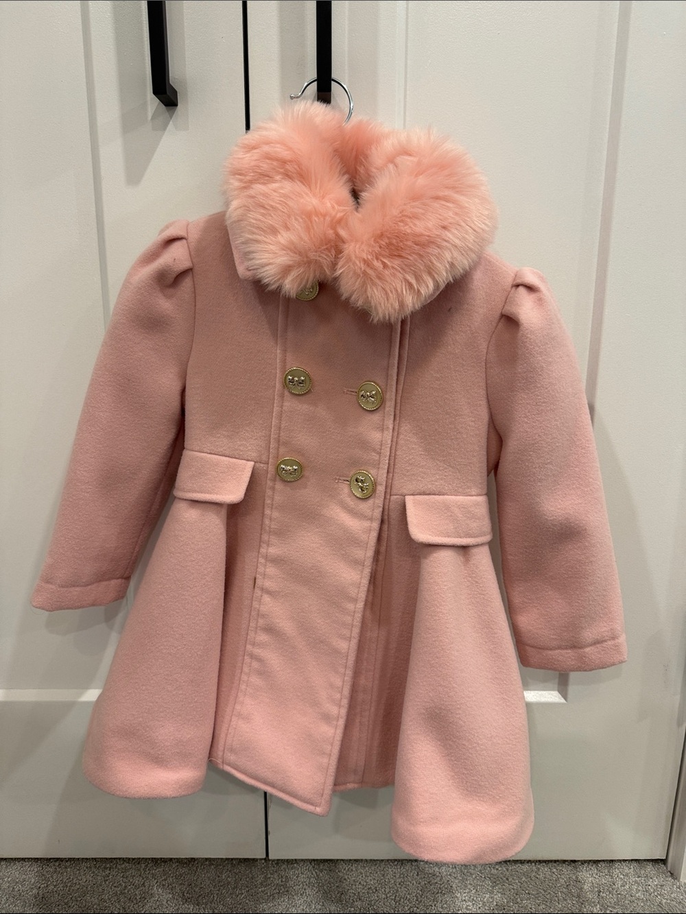 Rothschild Pink Faux-Fur Collar Double-Breasted Pea Coat